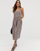 Asos Design Overall Midi Sundress With Pocket Detail In Leopard Print-multi