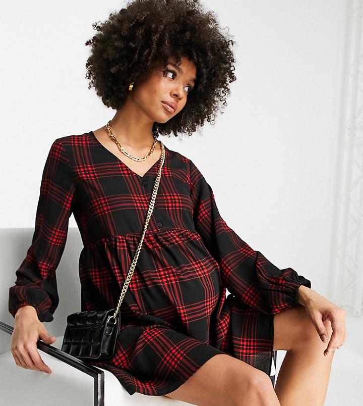 New Look Maternity Button Front Smock Mini Dress In Red Check