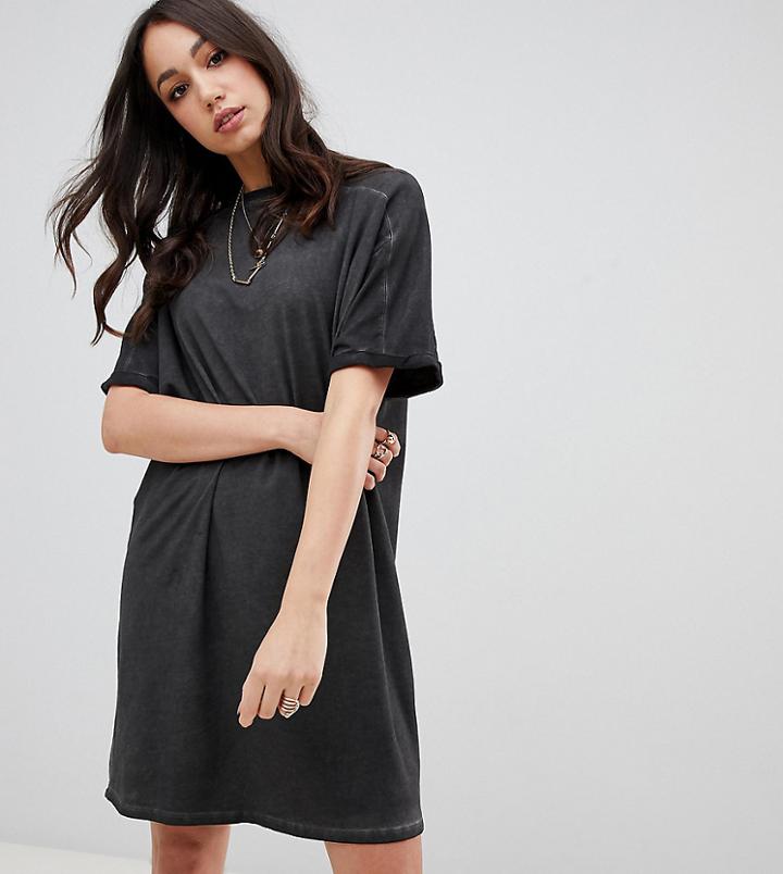 Asos Design Tall T-shirt Dress With Rolled Sleeves And Wash-black