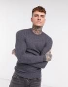 Asos Design Muscle Fit Merino Wool Cable Knit Crewneck Sweater In Charcoal-grey