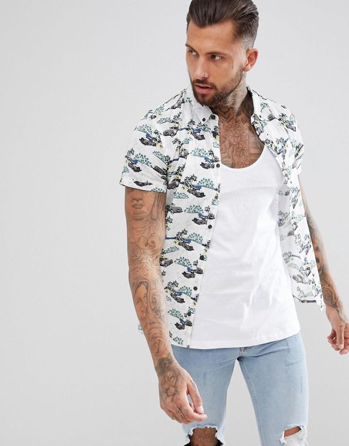 Blend Short Sleeve Shirt In Surf Print - White