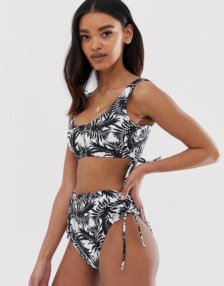 Asos Design Fuller Bust Exclusive Ruched Side Crop Bikini Top In Mono Palm Print-multi