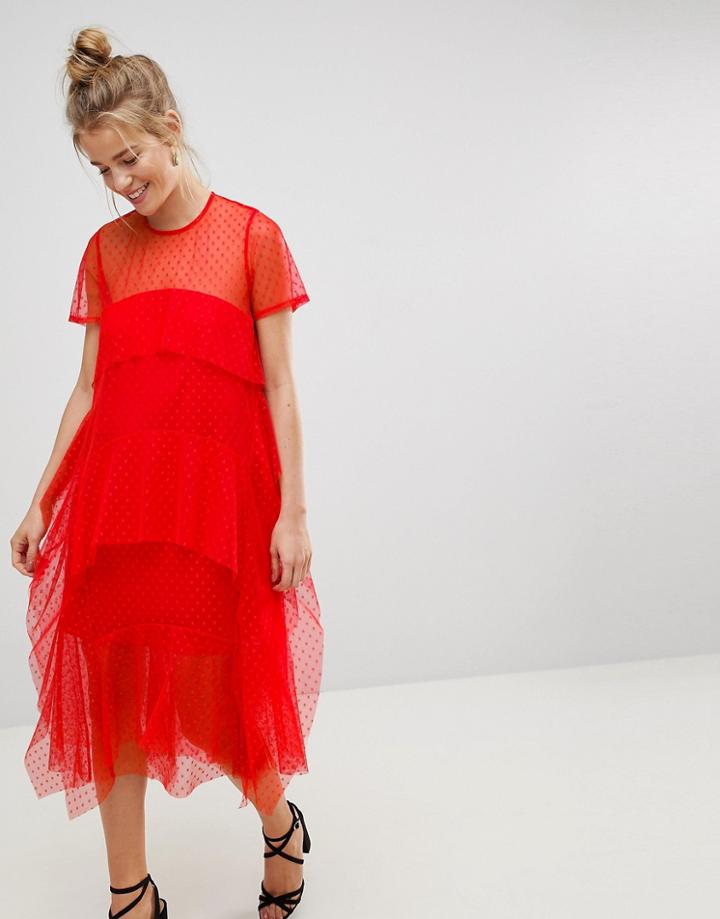 Asos Dobby Mesh Midi Tshirt Dress With Layered Ruffles - Red
