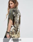Reclaimed Vintage Revived Military Short Sleeve Shirt With Sequin Back - Green