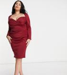 Asos Design Curve Sweetheart Neckline Long Sleeve Midi Dress In Wine-red