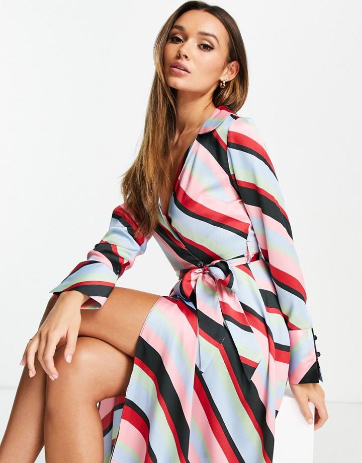 Asos Design Wrap Midi Dress With Collar In Multi Stripe Print
