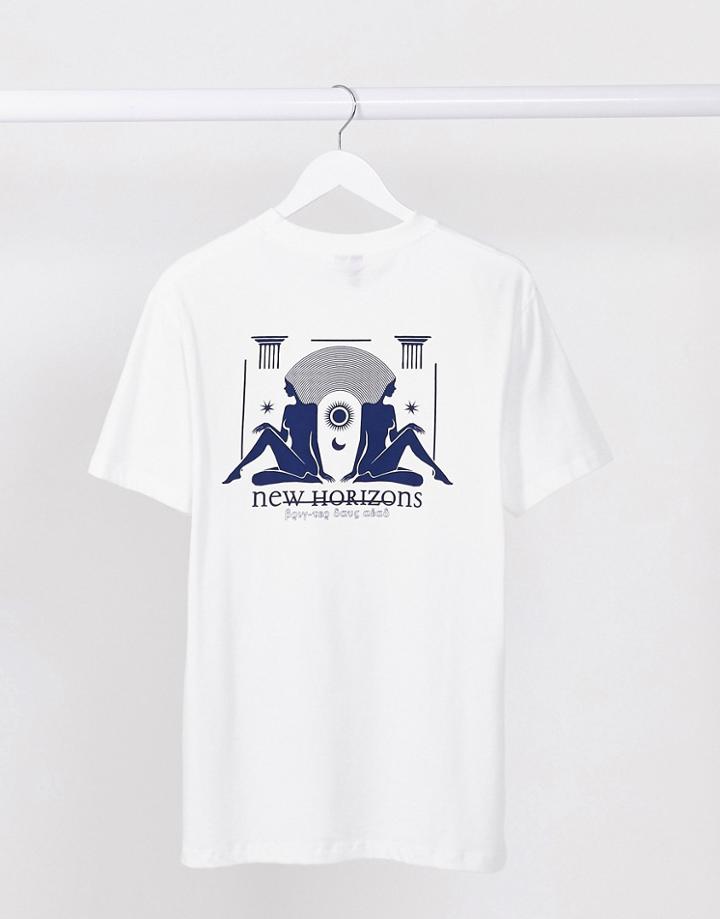 Asos Design T-shirt With Back 'new Horizons' & Front Chest Print In White