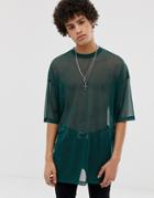 Asos Design Oversized Super Longline T-shirt With Half Sleeve In Sheer Mesh-green