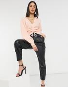 Mango Ruched Front V-neck Sweater In Pink