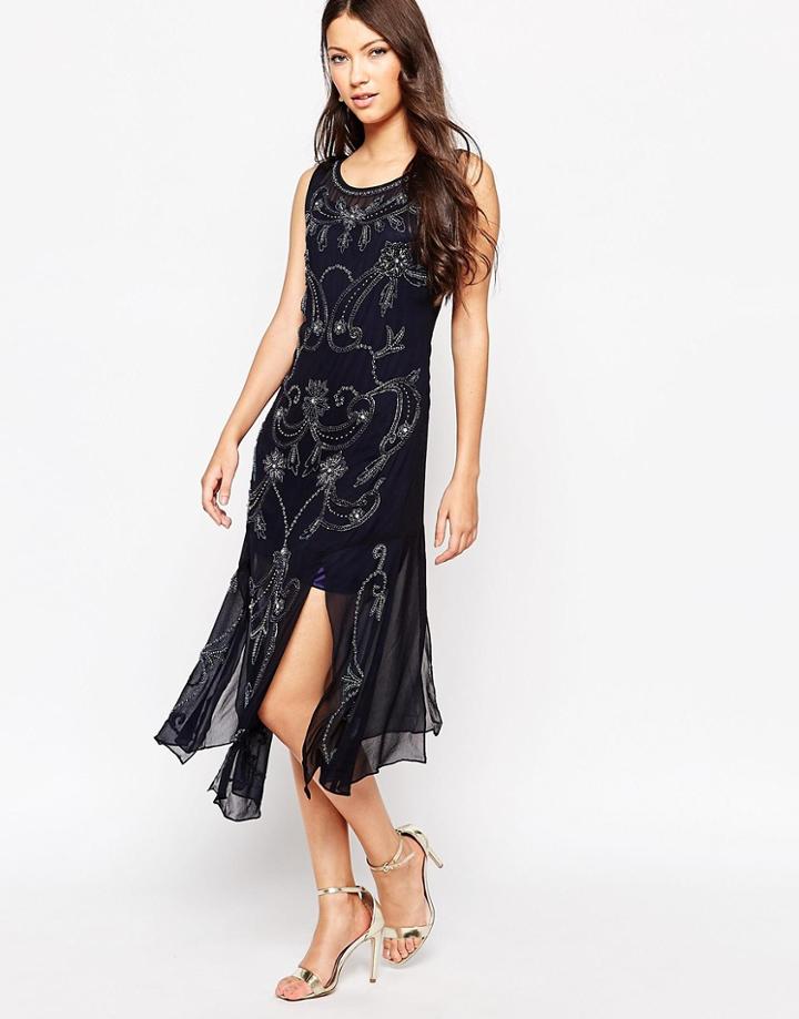 True Decadence Embellished Shift Dress With Splits - Navy