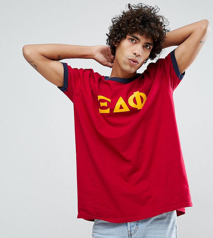 Reclaimed Vintage Inspired Ringer T-shirt In Burgundy With Varsity Print - Red