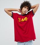 Reclaimed Vintage Inspired Ringer T-shirt In Burgundy With Varsity Print - Red