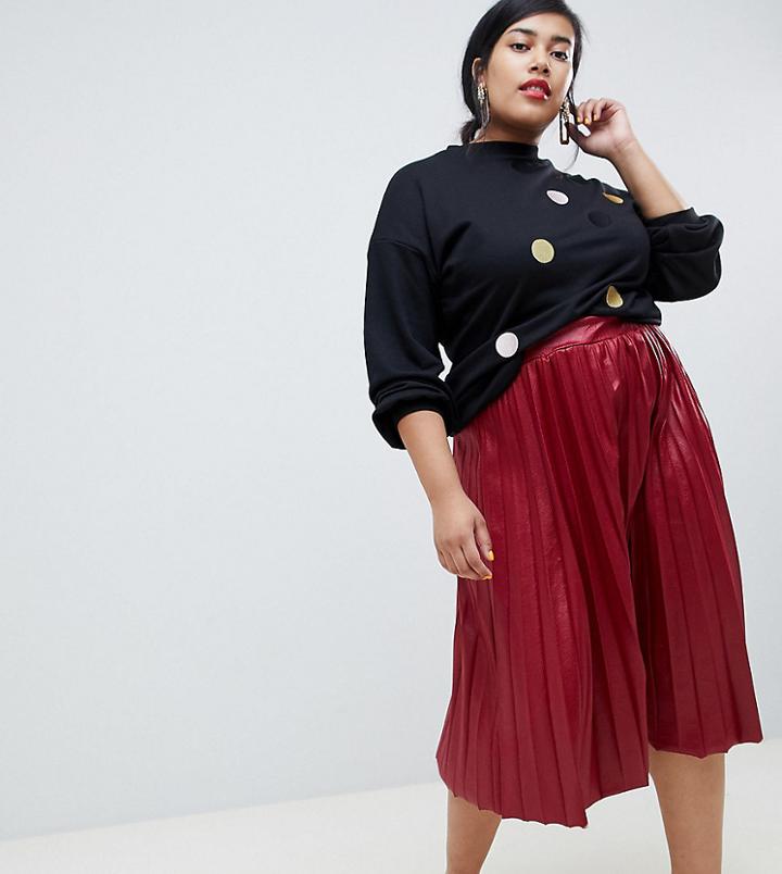 Lost Ink Plus Pleated Midi Skirt In Coated Jersey - Red
