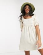 Asos Design Square Neck Puff Sleeve Smock Dress In Cream-neutral