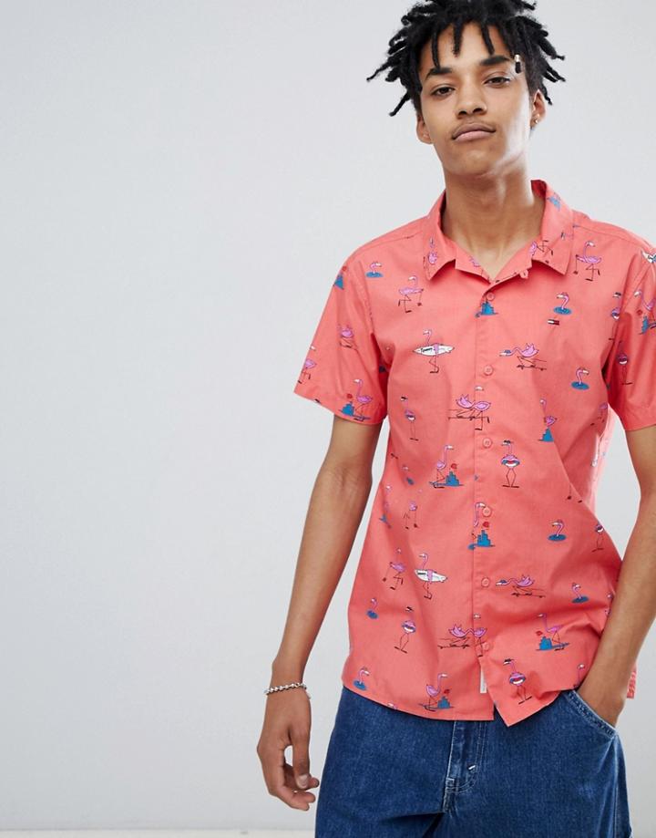 Tommy Jeans Summer Flamingo Print Camp Shirt Short Sleeve Regular Fit In Pink - Pink