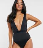 Asos Design Petite Glam Belted Swimsuit In Black