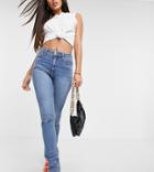 Asos Design Tall Mid Rise Vintage 'skinny' Jeans In Midwash With Rips-blues
