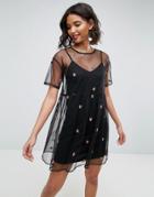 Asos Mesh Smock Dress With Floral Embroidery - Black