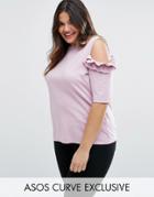 Asos Curve Top With Ruffle Cold Shoulder In Ponte - Purple