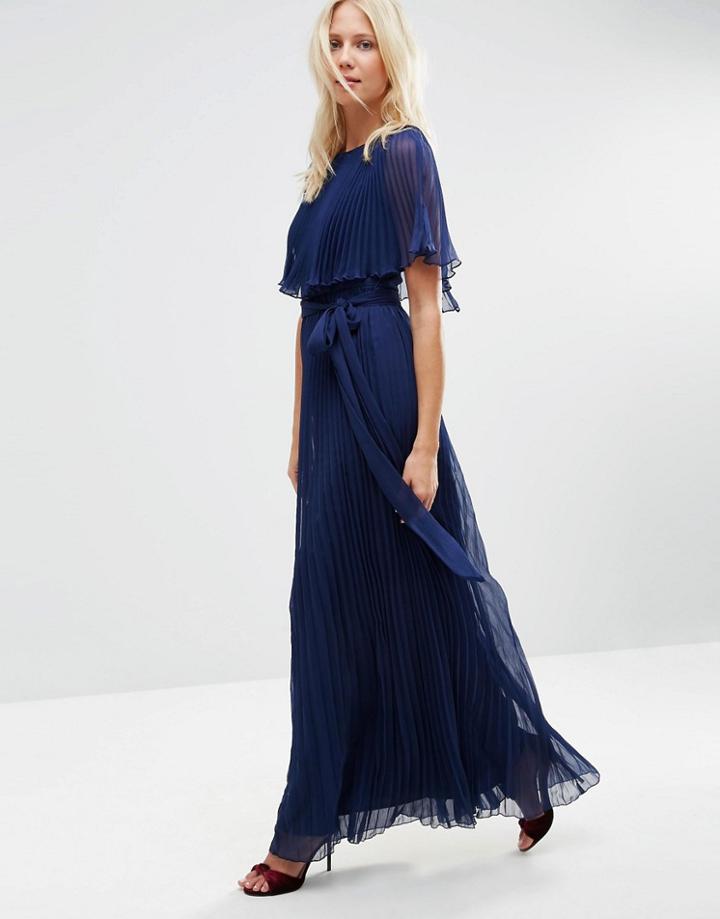 Asos Ruffle Cape Front Pleated Maxi Dress - Navy
