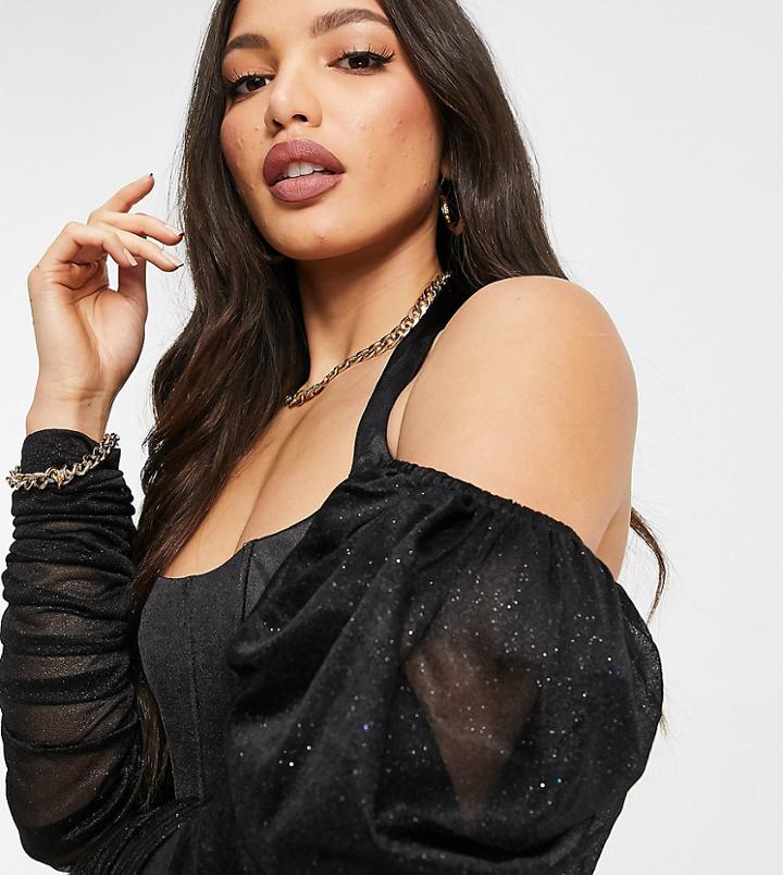 Club L London Tall Satin Puff Sleeve Halterneck Top In Black