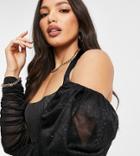 Club L London Tall Satin Puff Sleeve Halterneck Top In Black
