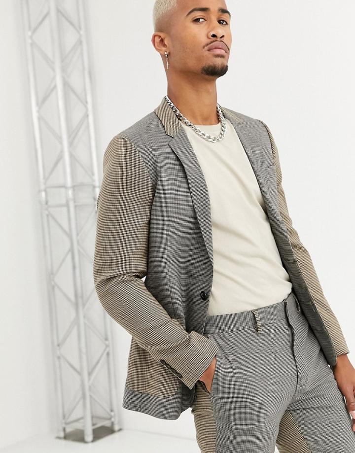 Asos Design Skinny Suit Jacket In Contrast Micro Check-beige