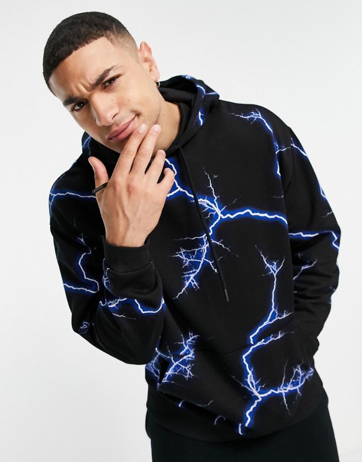 Asos Dark Future Oversized Hoodie In Black With All Over Lightning Print