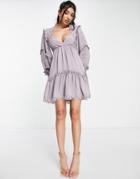 Asos Design Lace Insert Tiered Mini Dress With Trim Detail-purple