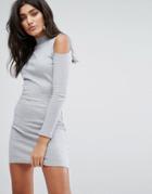 Daisy Street Bodycon Dress With High Neck And Cold Shoulders - Gray