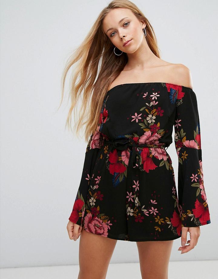 Parisian Off Shoulder Floral Romper With Self Tie Belt - Black