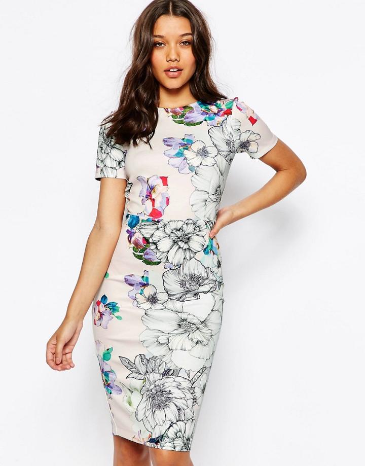 Asos Floral T-shirt Scuba Bodycon Midi Dress - Pink