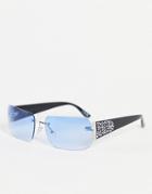Asos Design Rimless 90s Sunglasses In Blue Lens With Temple Detail-blues