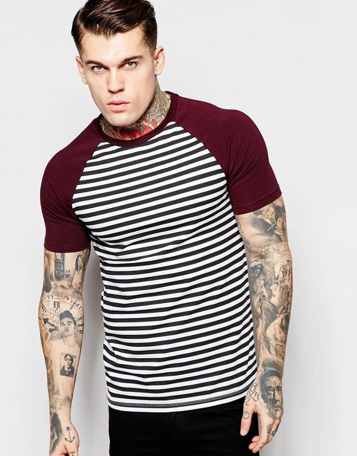 Asos Muscle T-shirt With Stripe And Contrast Raglan Sleeves In Burgundy