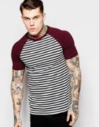 Asos Muscle T-shirt With Stripe And Contrast Raglan Sleeves In Burgundy
