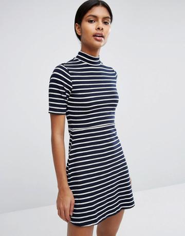 Love & Lies High Neck Skater Dress In Stripe - Black