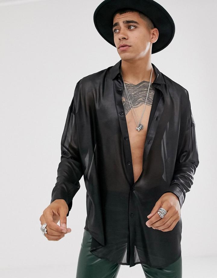 Asos Design Oversized High Shine Sheer Shirt With Drop Shoulder In Black