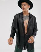 Asos Design Oversized High Shine Sheer Shirt With Drop Shoulder In Black