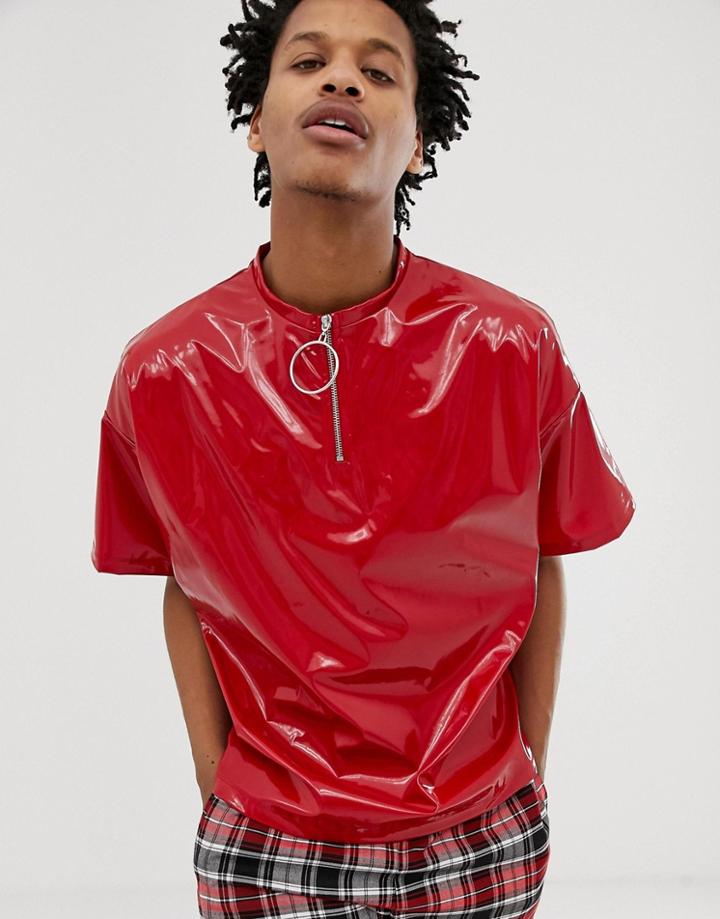 Asos Design Oversized T-shirt With Ring Pull In Red Patent Fabric - Red