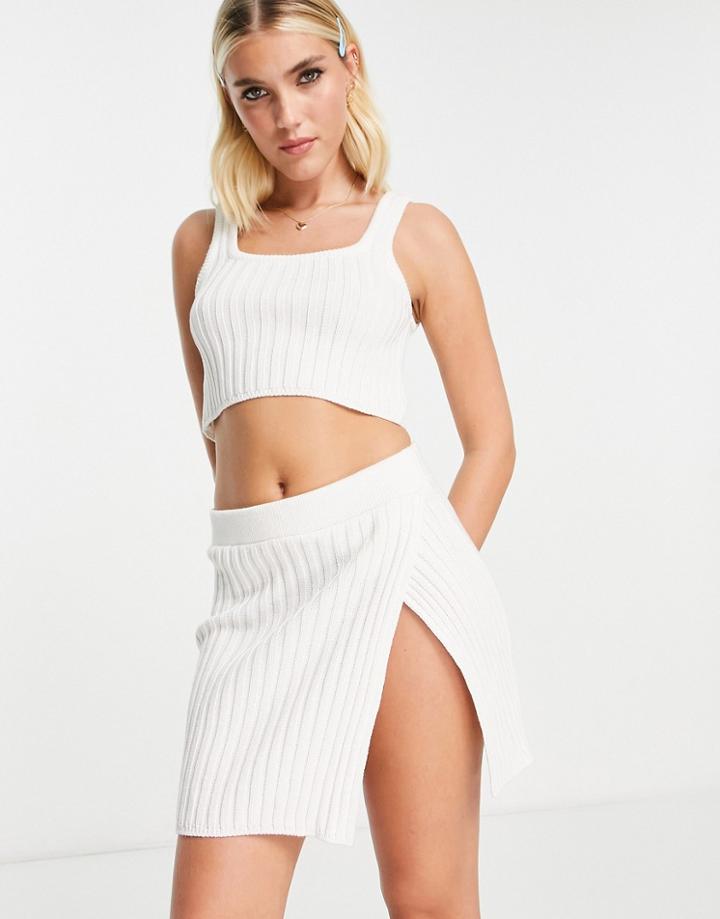 Asos Design Knitted Wide Rib Mini Skirt With Split Side Detail In Cream - Part Of Set-green