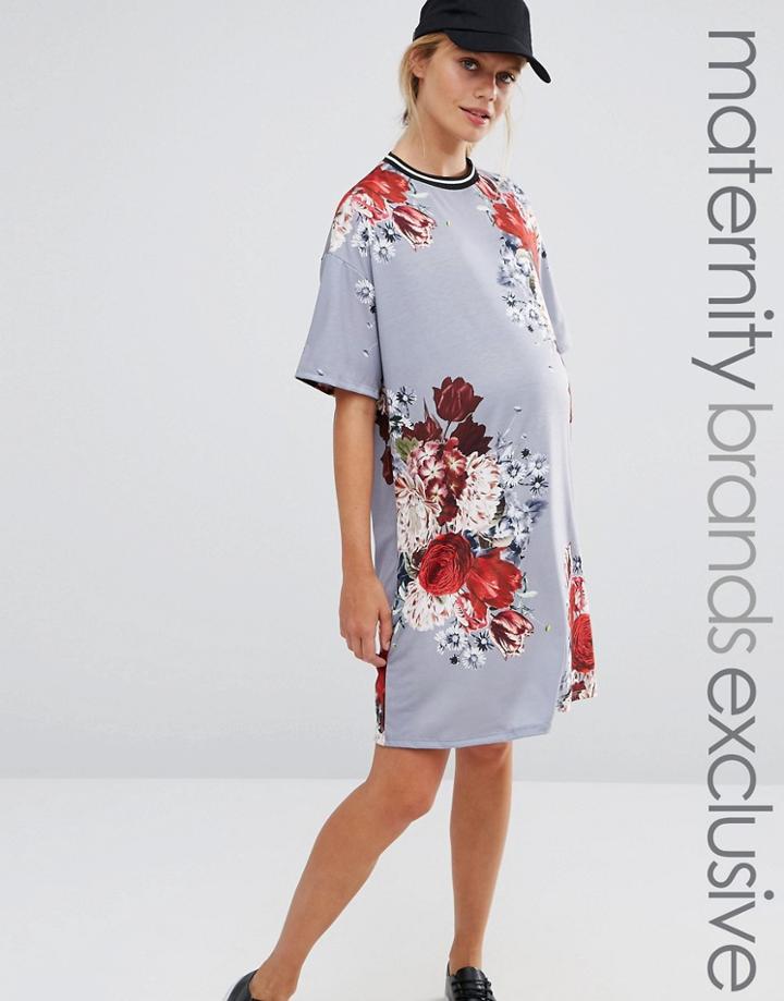 Bluebelle Maternity Floral Printed Shift Dress With Rib Trim - Multi