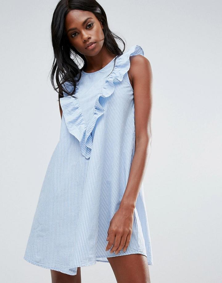 Vila Ruffle Front Striped Shirt Dress - Blue