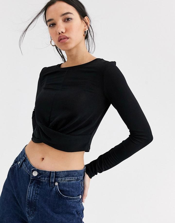 Only Long Sleeve Glitter Knot Front Crop Top-black