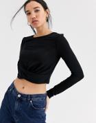 Only Long Sleeve Glitter Knot Front Crop Top-black