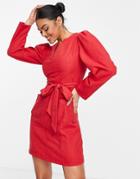 Trendyol Long Sleeve Mini Dress With Tie Front In Red