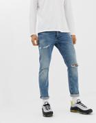 River Island Ripped Skinny Jeans In Mid Wash Blue - Blue