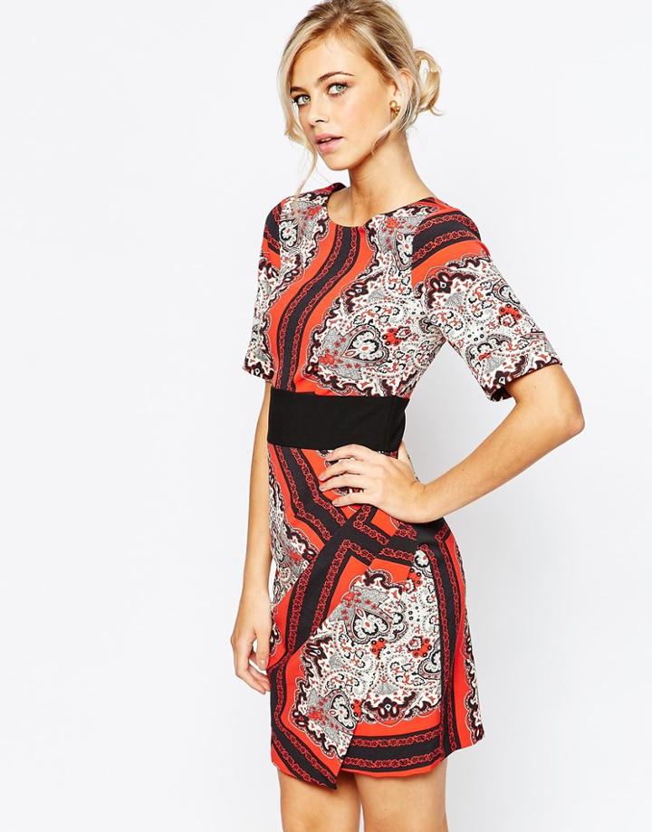 Closet Kimono Sleeve Dress With Wrap Front And Obi Belt - Red Multi Print