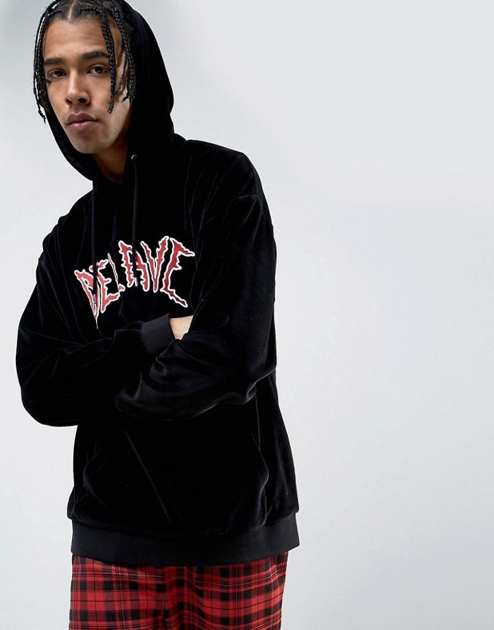 Asos Oversized Velour Hoodie With Text Embroidery - Black