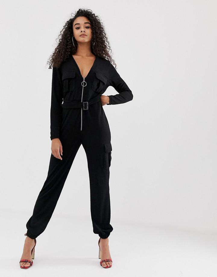 Boohoo Knitted Zip Through Utility Jumpsuit With Belt In Black - Black