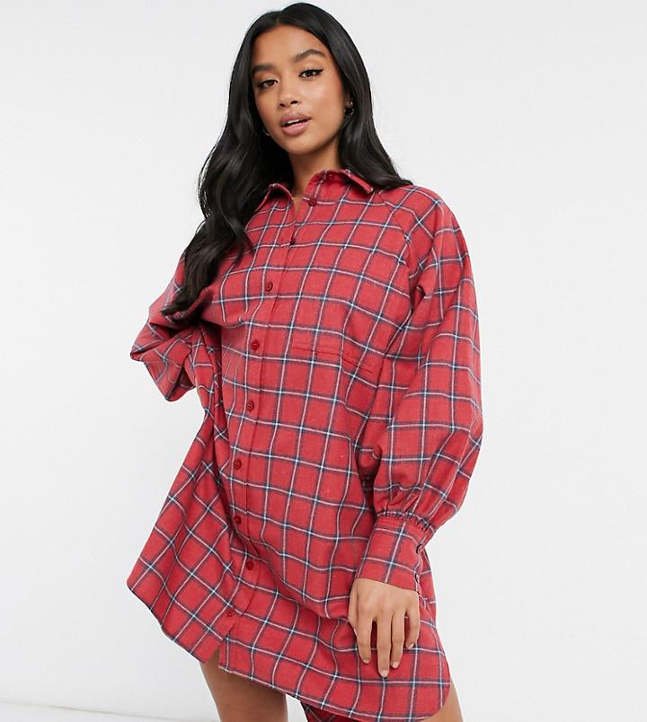 Asos Design Petite Oversized Boyfriend Mini Shirt Dress In Red And Navy Check-multi